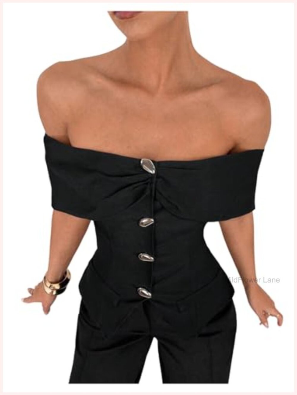 Women's Off-Shoulder Peplum Top Metallic Buttons Blouse